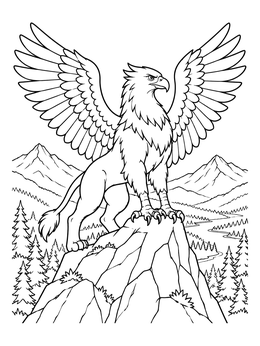 A proud mythical griffin coloring page standing tall on a mountain summit above a pine valley.