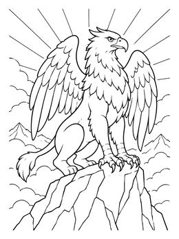 A majestic griffin coloring page perched proudly atop a rocky mountain peak against a radiant sky.
