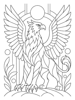 A detailed griffin coloring page featuring wings spread wide in an art deco frame.