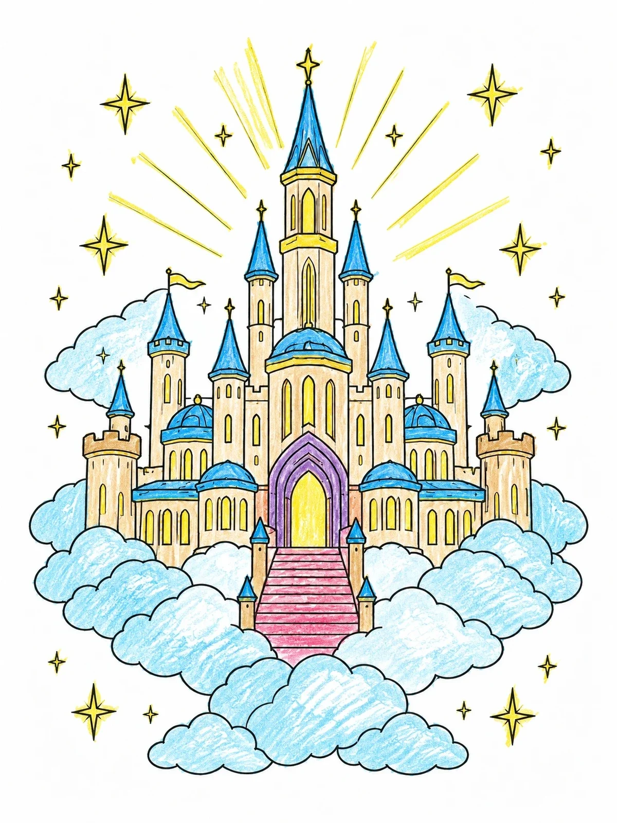 Colored example of the Majestic Castle In The Clouds coloring page
