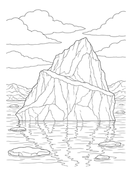 A massive iceberg floats in calm water in this ice coloring page with distant mountains.
