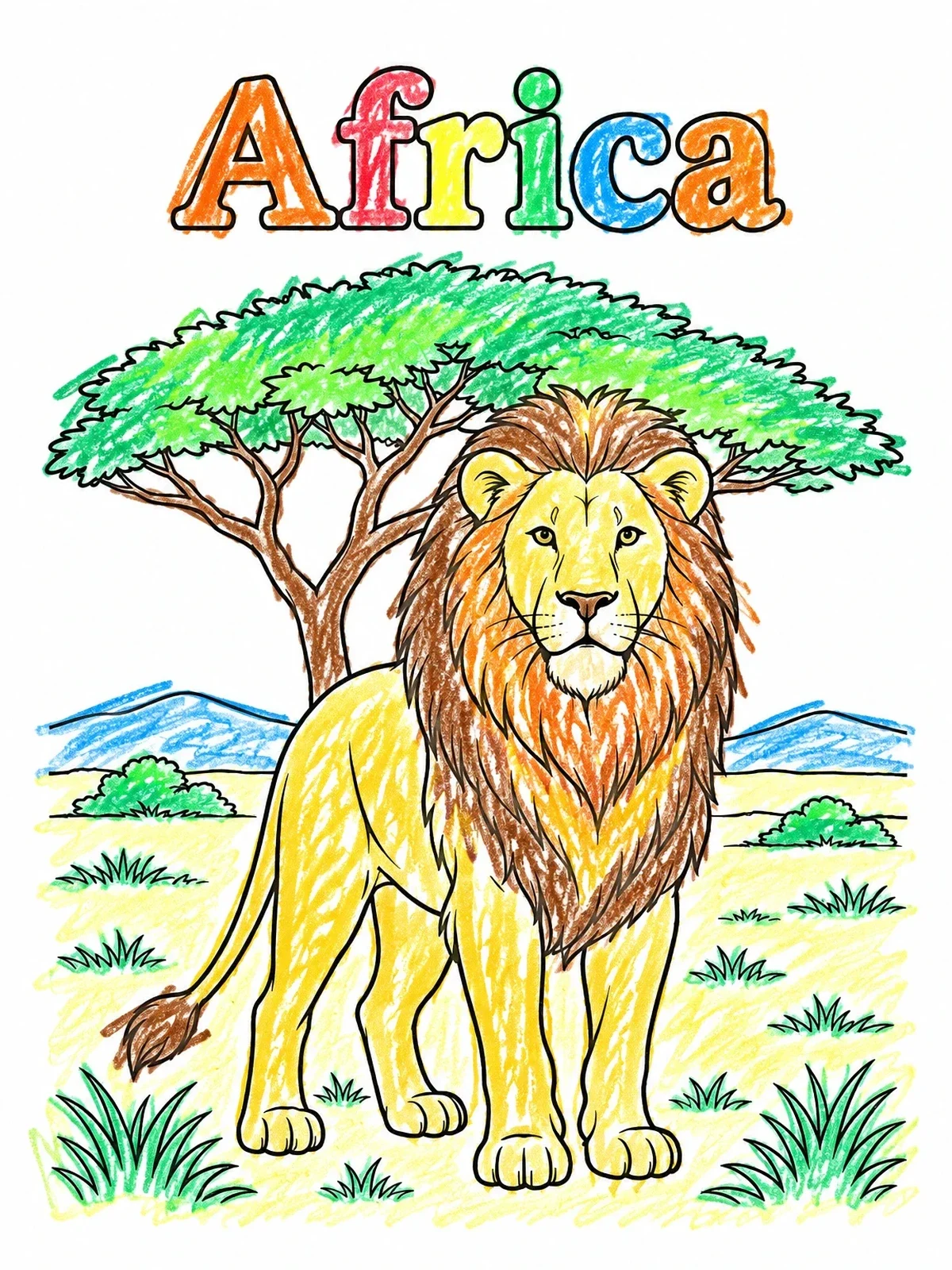 Colored example of the Majestic Lion In African Savannah coloring page