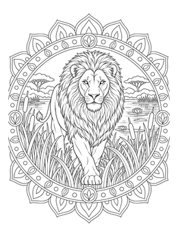 A lion walking through marsh grasses framed by a mandala in this lion coloring page.