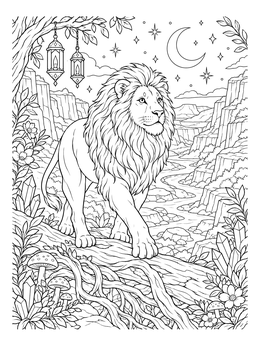 A lion coloring page showing a majestic male lion standing on a fallen log beneath a starry crescent moon.
