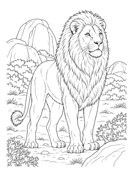 A lion coloring page showing a noble male lion standing proudly in front of granite rocks.