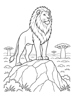 A lion coloring page showing a proud male lion standing on a rocky outcrop in the savanna.