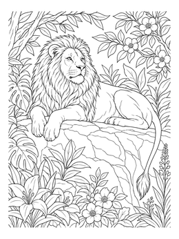 A detailed lion coloring page showing a male lion resting calmly on a cliff surrounded by flowers.
