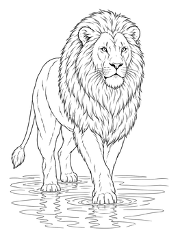 A male lion coloring page showing the beast wading through shallow rippling water.