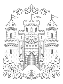 A detailed castle coloring page featuring stone towers and ornamental banners.