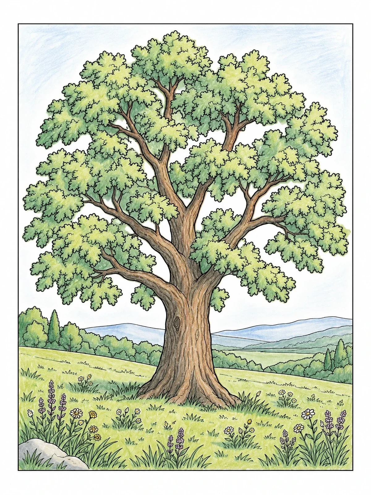 Colored example of the Majestic Oak On Rolling Hills coloring page