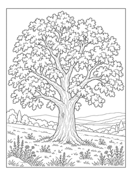 Detailed oak tree coloring page showing a large tree standing on a grassy meadow with wildflowers.