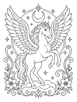 A celestial pegasus coloring page framed by stars, clouds, and floral flourishes.