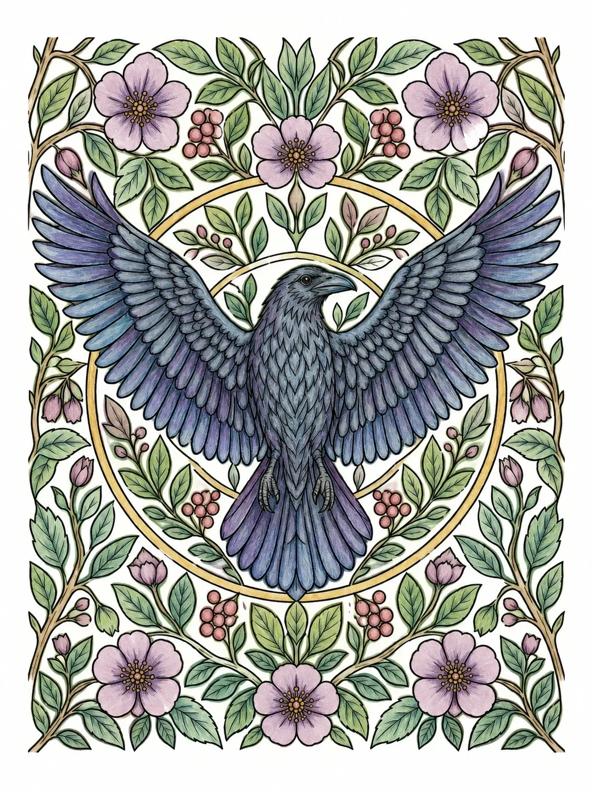 Colored example of the Majestic Raven With Floral Ornament coloring page