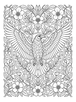 An intricate raven coloring page featuring a flying bird surrounded by blossoms and leaves.