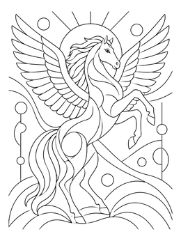 A rearing pegasus coloring page with outstretched wings and geometric background elements.