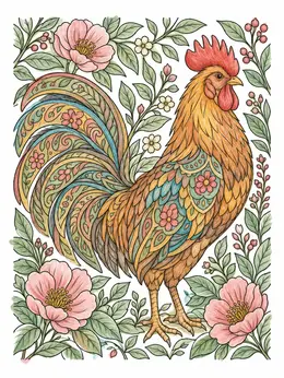 Majestic Rooster With Floral Patterns Coloring Page