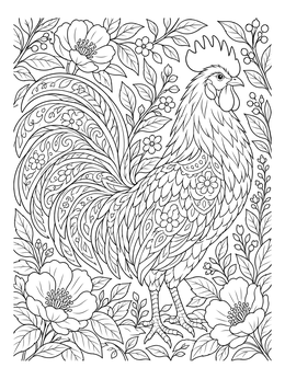 Detailed rooster coloring page surrounded by elegant flowers and ornate foliage.