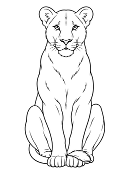 A serene lioness coloring page featuring the wild cat sitting upright with front paws together.