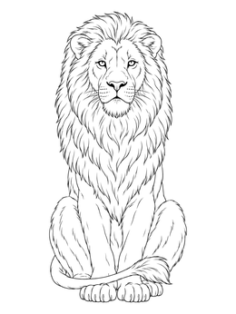 A detailed lion coloring page showing a majestic male lion sitting upright with a full mane.