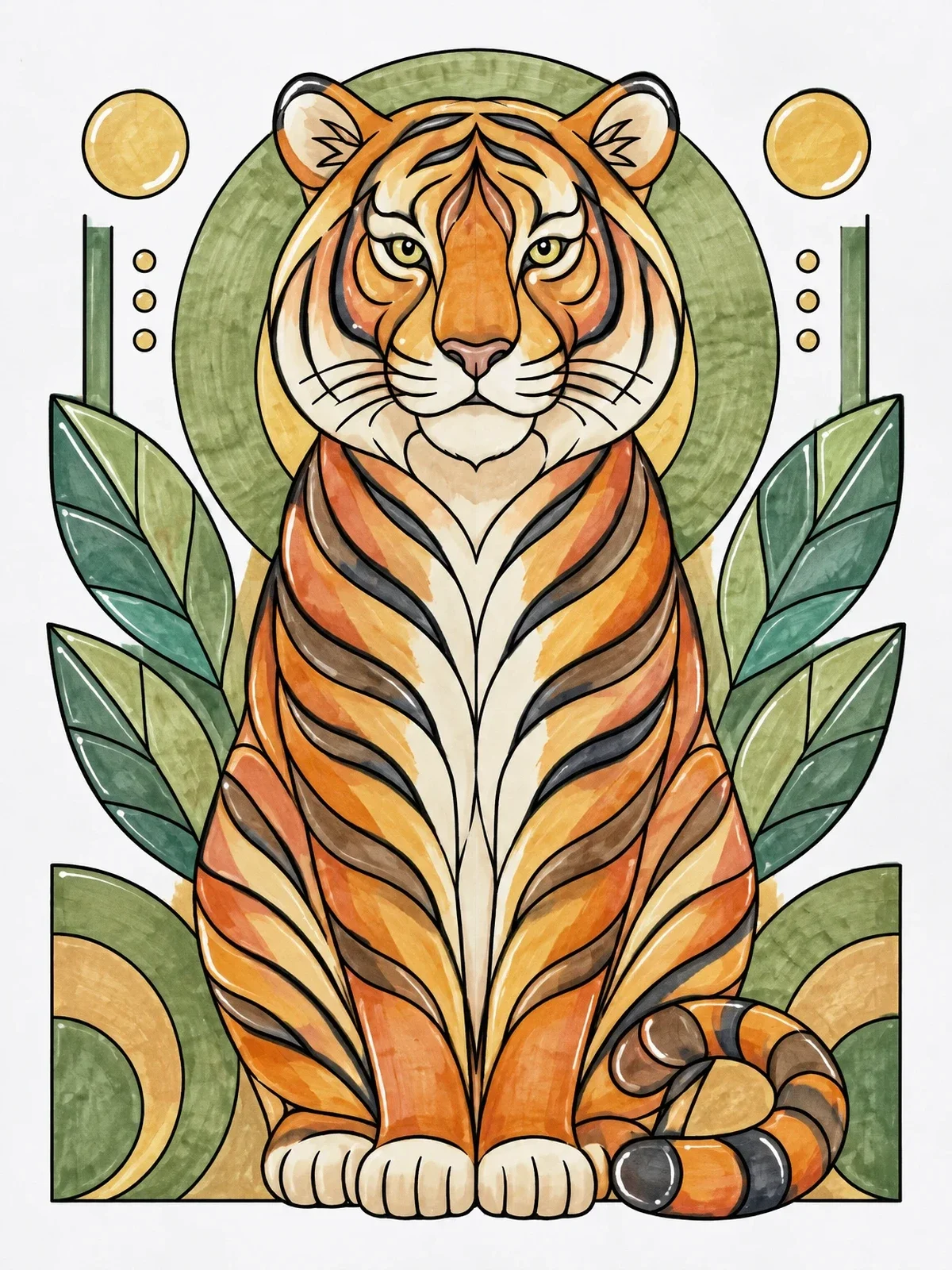 Colored example of the Majestic Sitting Tiger Portrait coloring page