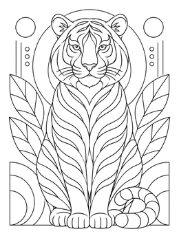 Geometric tiger coloring page featuring an upright sitting tiger framed by leaves and circles.