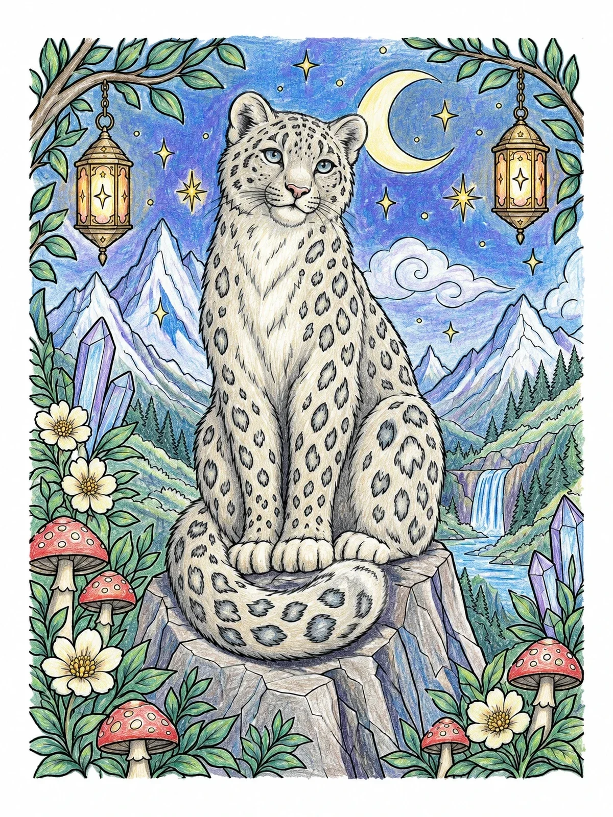 Colored example of the Majestic Snow Leopard Under Moonlit Sky coloring page