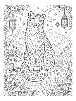Free printable Majestic Snow Leopard Under Moonlit Sky coloring page