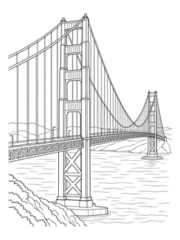 A realistic suspension bridge coloring page spanning across calm waters between rolling hills.