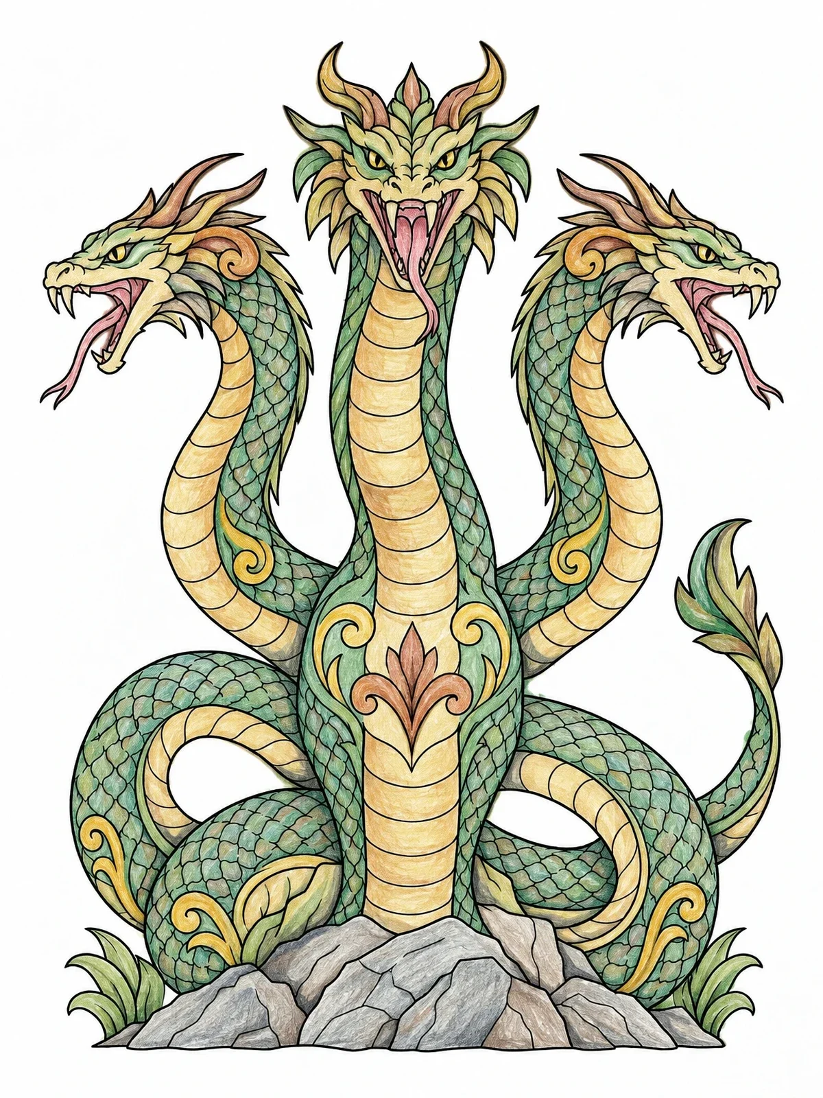 Colored example of the Majestic Three Headed Hydra Serpent coloring page