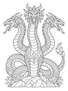 A detailed hydra coloring page featuring a mythical three-headed serpent resting on rocks.
