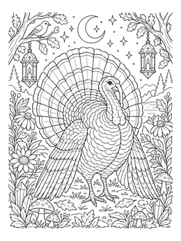 A detailed turkey coloring page framed by forest plants, lanterns, and a crescent moon.