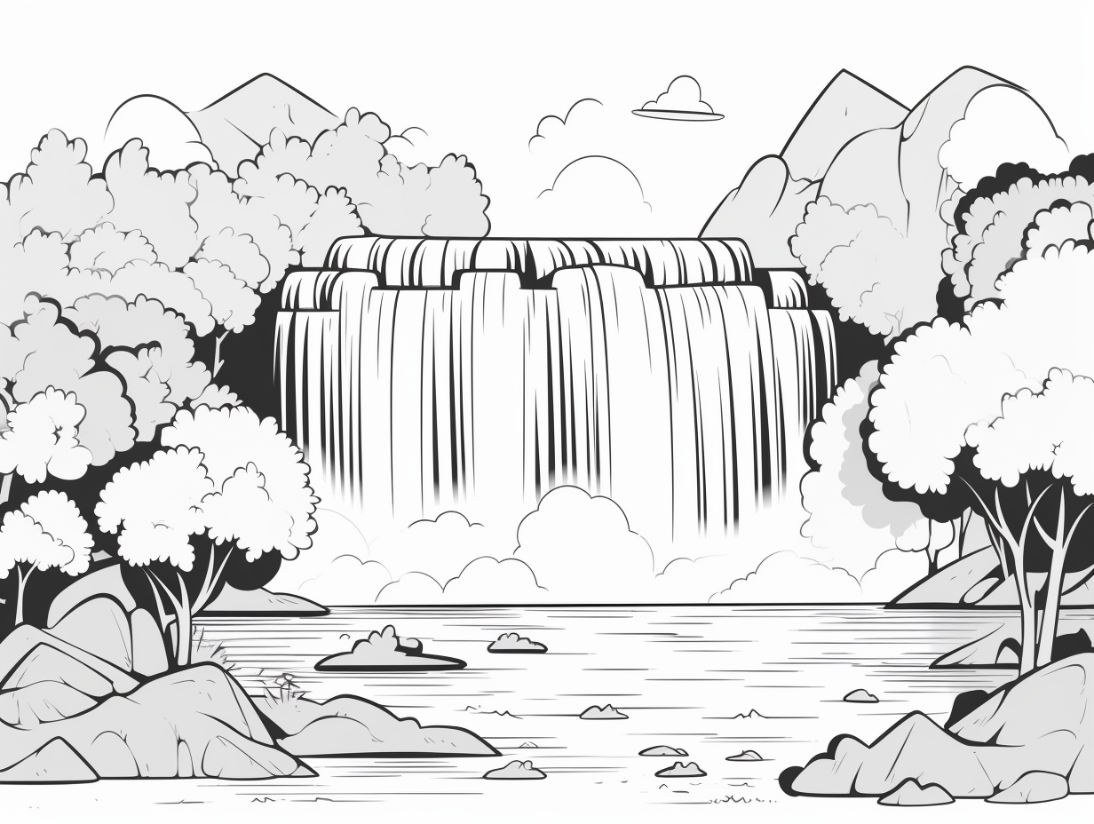 Majestic Waterfall Coloring For Kids - Coloring Page