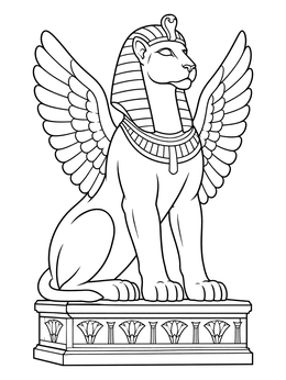 A winged sphinx coloring page showing a noble guardian seated on a detailed ancient plinth.