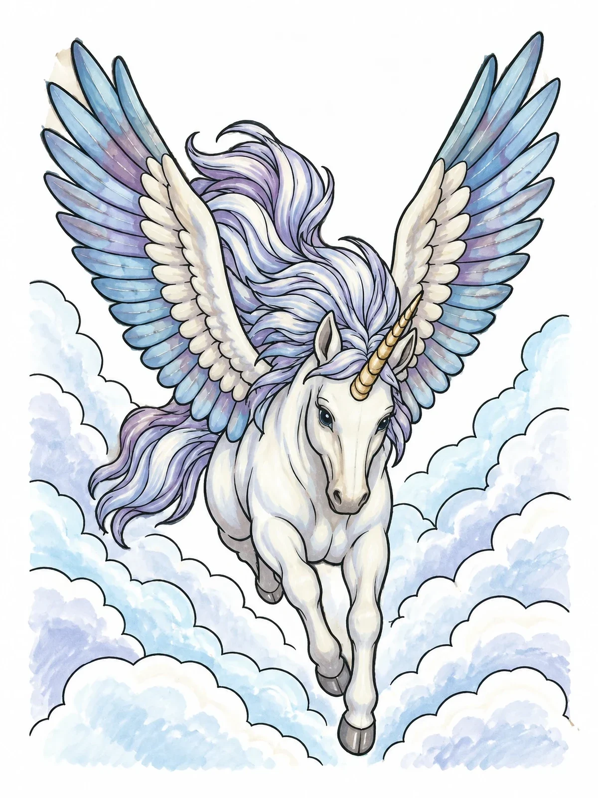Colored example of the Majestic Winged Unicorn Flying Above Clouds coloring page