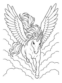 A dynamic unicorn coloring page showing a winged unicorn soaring forward through fluffy clouds.