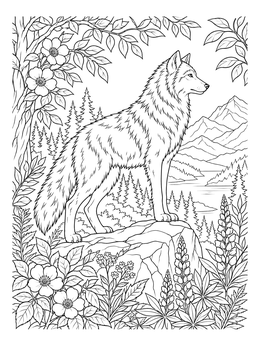 A detailed wolf coloring page featuring a proud wolf standing on a rocky outcrop surrounded by flowers.