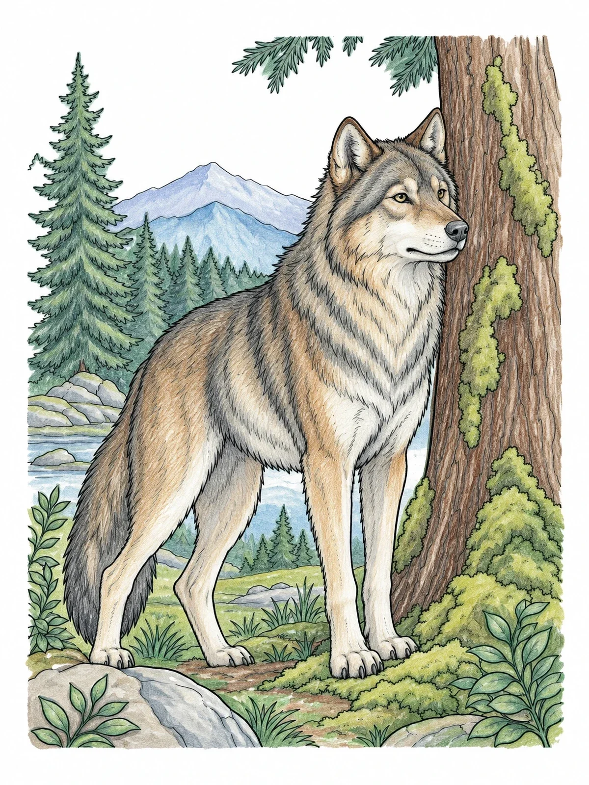 Colored example of the Majestic Wolf Standing Beside A Forest Tree coloring page
