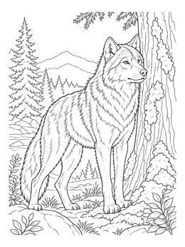 A realistic wolf coloring page showing a majestic wild wolf standing by a large tree in the mountains.
