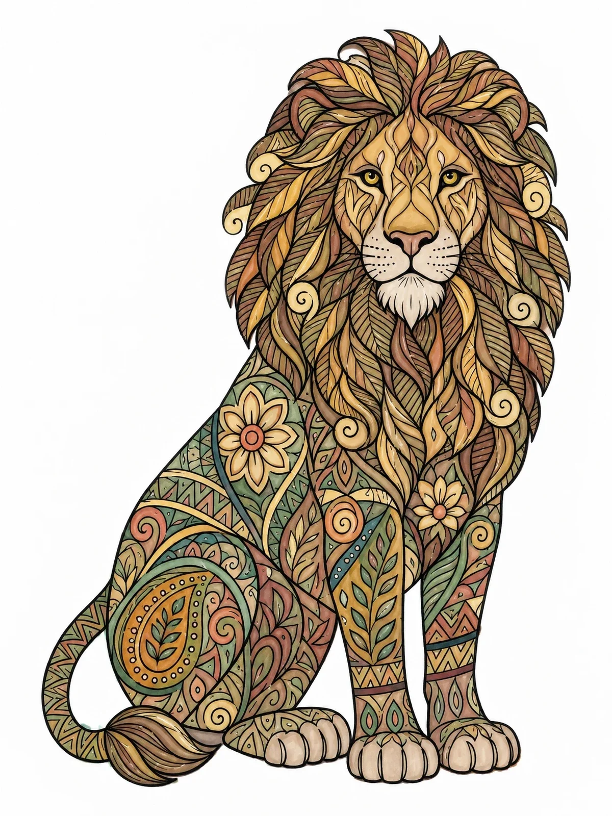 Colored example of the Majestic Zentangle Lion coloring page