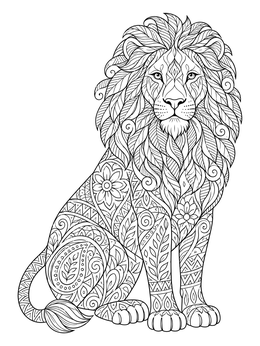 Intricate zentangle coloring page featuring a seated lion adorned with ornate patterns.