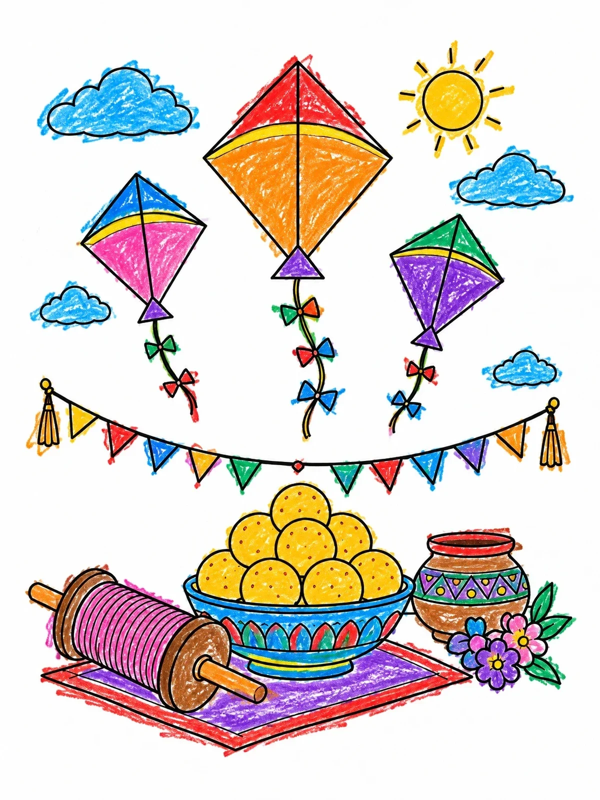 Colored example of the Kites, Ladoos, And Festive Spool coloring page