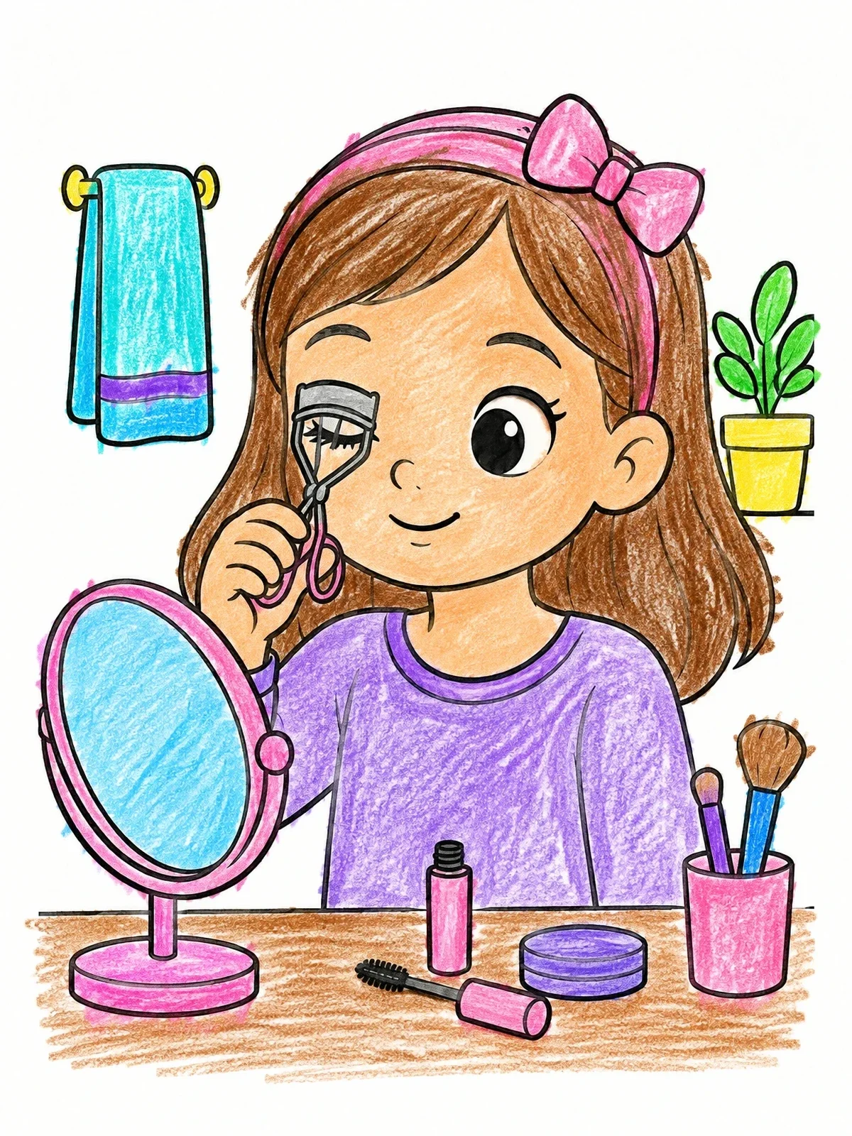 Colored example of the Cute Girl Curling Her Eyelashes coloring page