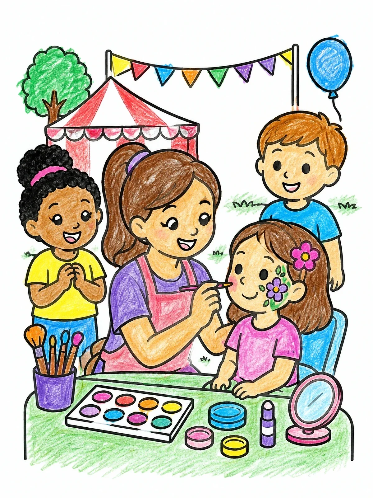 Colored example of the Face Painting Fun At The Fair coloring page