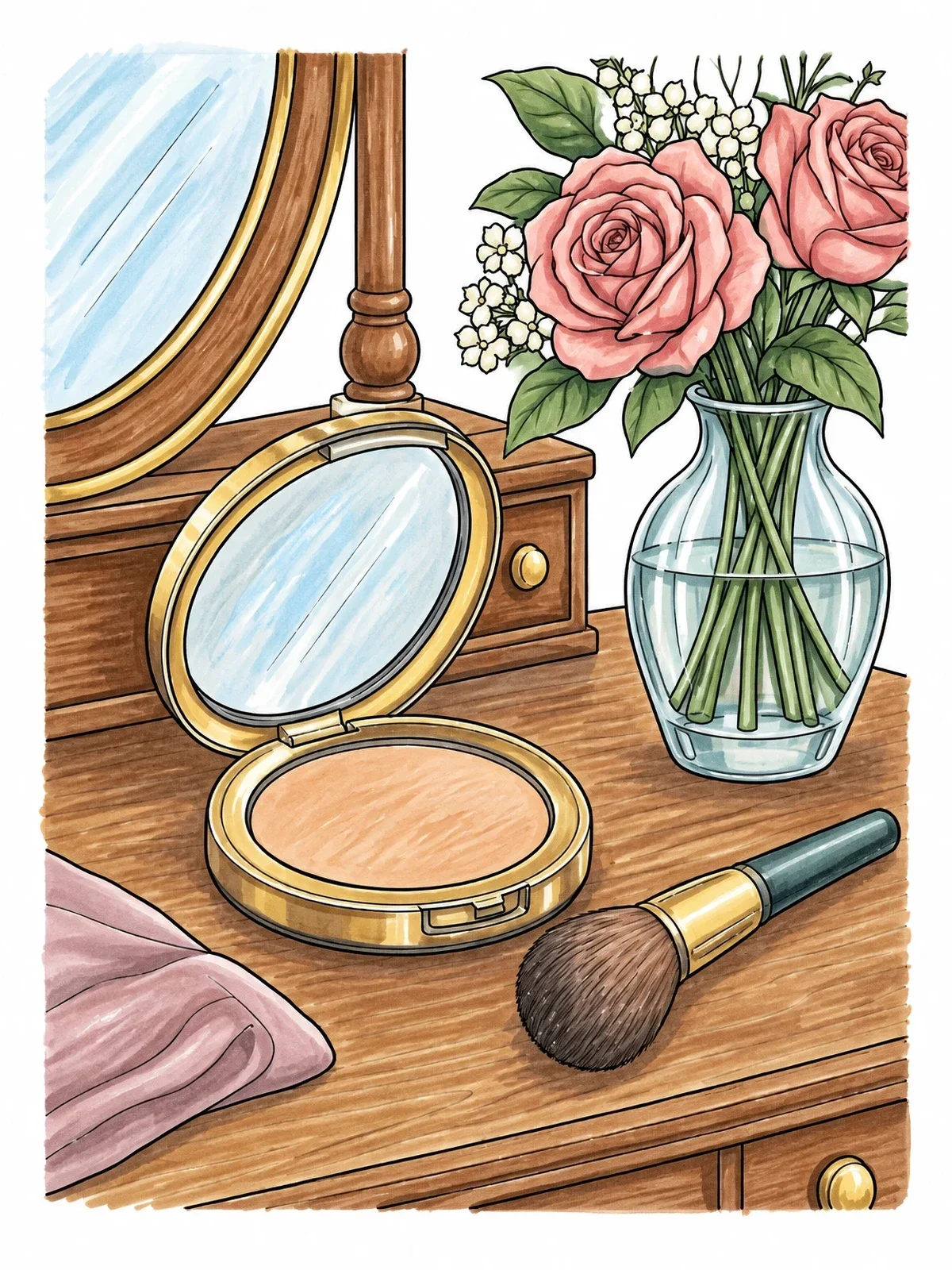 Colored example of the Powder Compact And Roses On Vanity coloring page