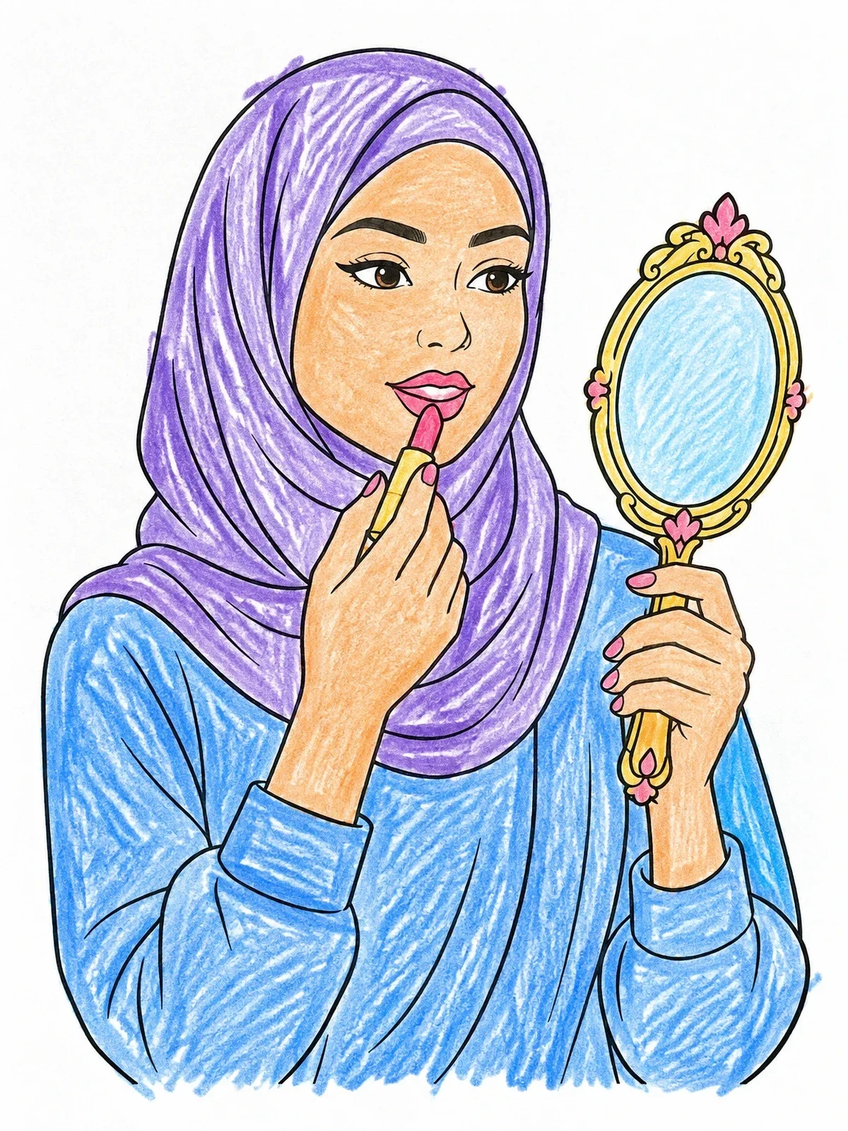 Colored example of the Woman Applying Lipstick With Hand Mirror coloring page