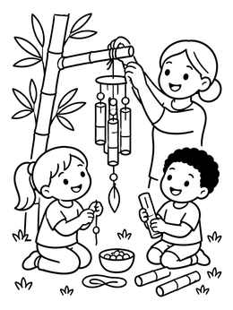A mother and two children crafting a chime in this bamboo coloring page.