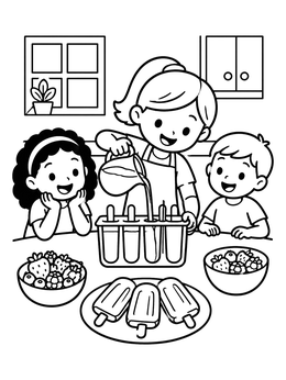 A smiling girl pours juice into molds in this cheerful popsicle coloring page.