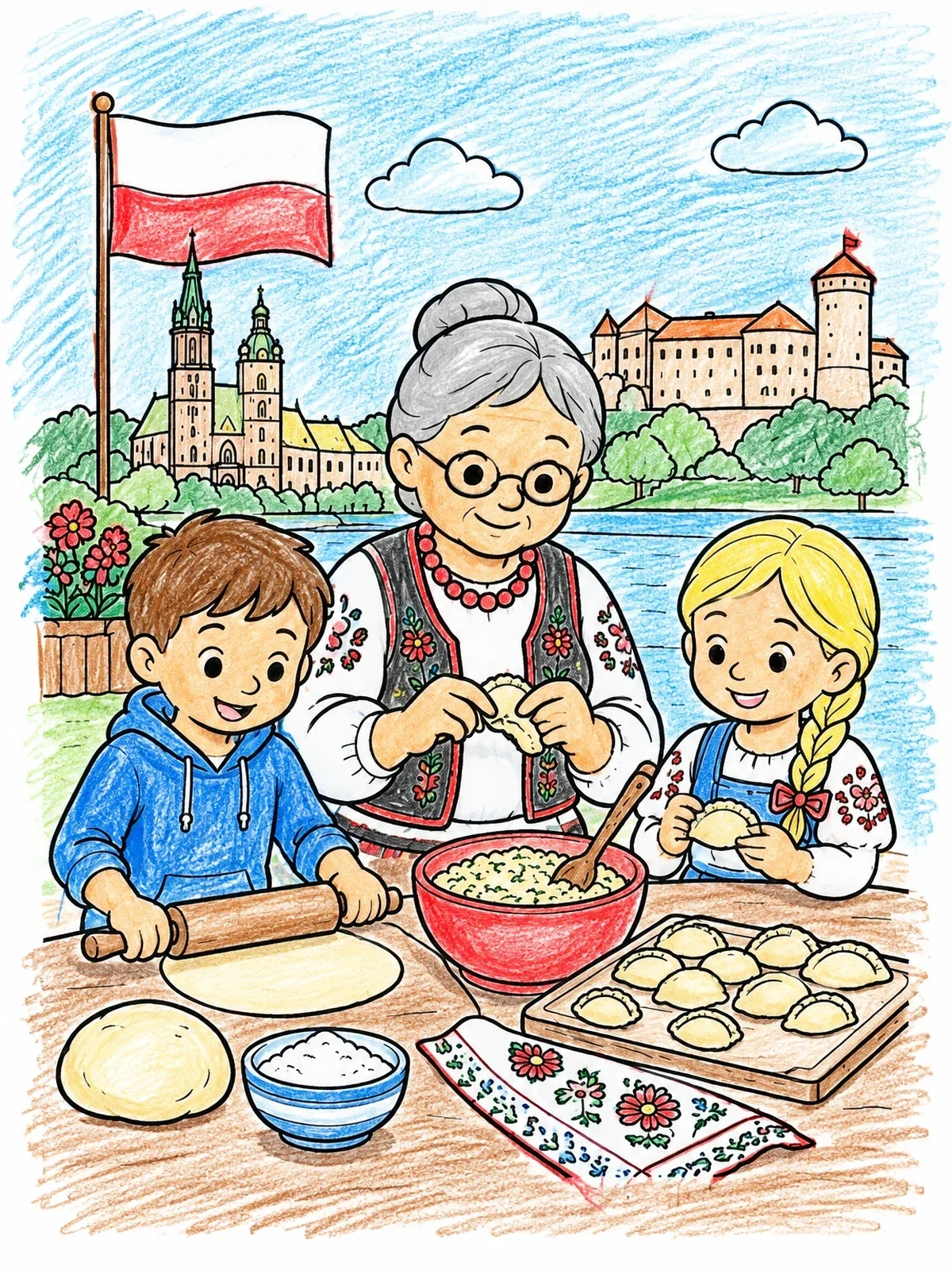 Colored example of the Family Making Pierogi In Poland coloring page