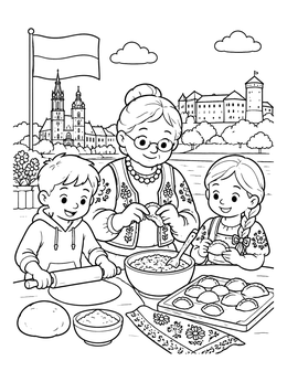 Free printable Family Making Pierogi In Poland coloring page