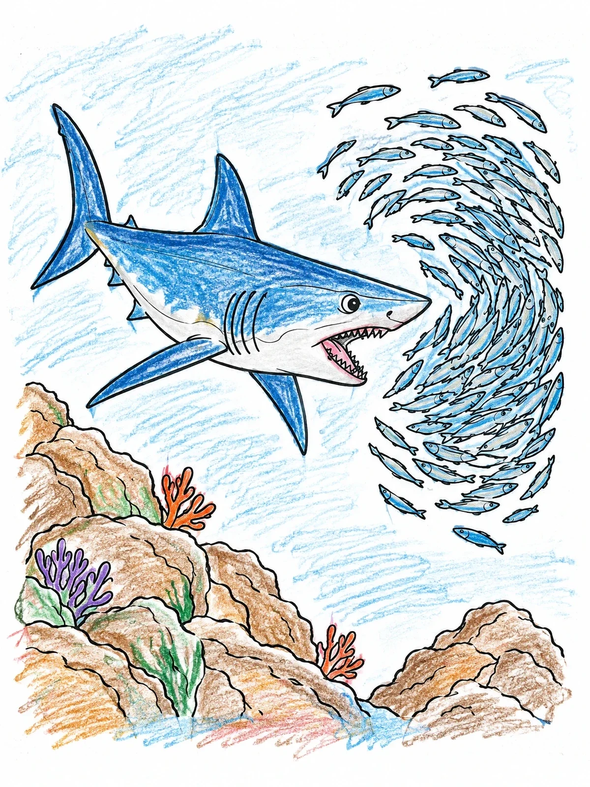 Colored example of the Mako Shark Chasing A Bait Ball coloring page